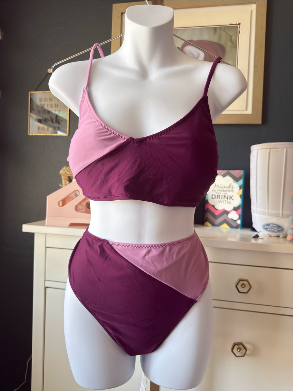 Cupshe Two-Tone Pink & Violet High-Waist Bikini